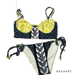 Mara Hoffman Bikini Swimsuit 2 piece yellow blue Aztec strappy‎ bra top side tie
